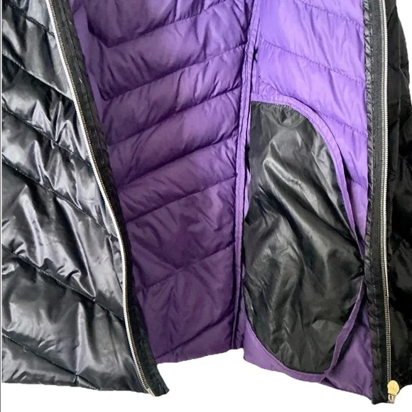 Black Puffer Jacket Full Zip W Hidden Hood Sz Lg - Picture 4 of 6